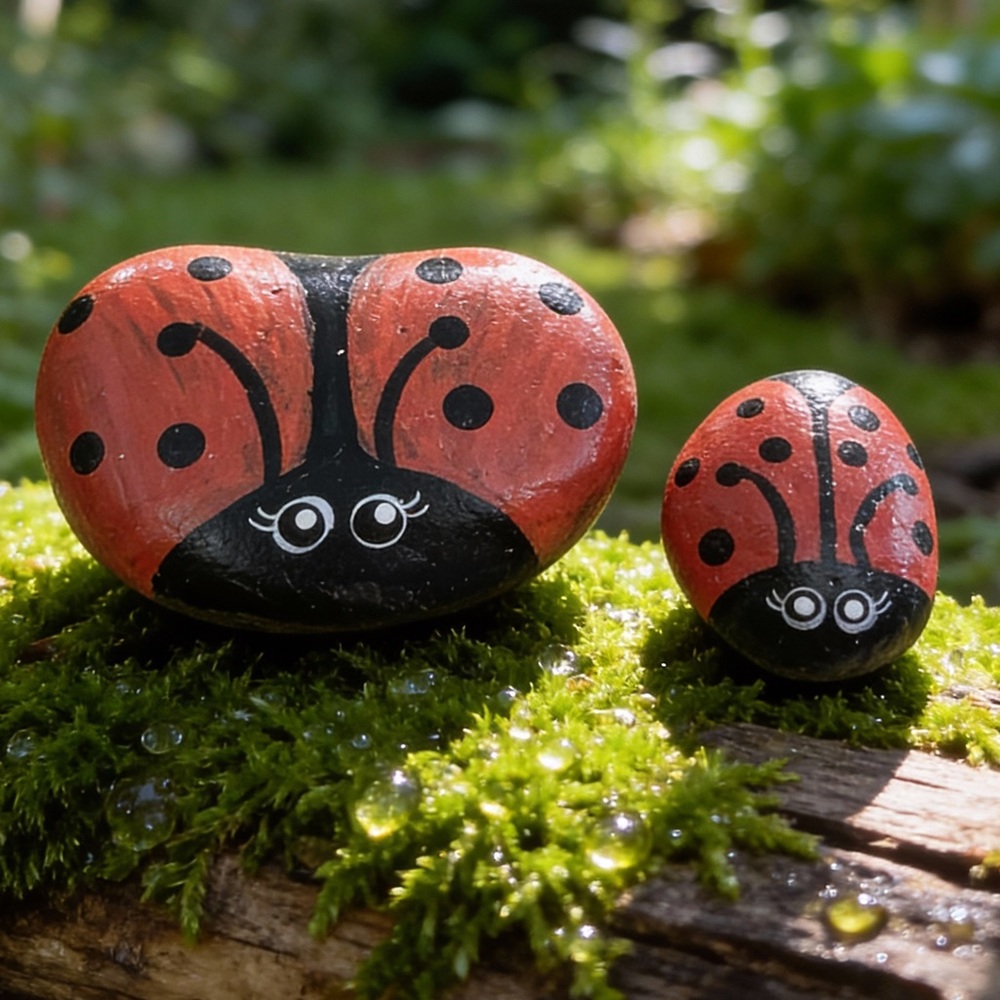 Hand crafted painted ladybug rocks set of 2 red black white polka dots 2.5x2 in